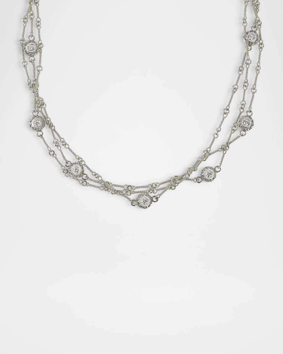18K White Gold Triple Chain Necklace with Diamonds, 16"L
